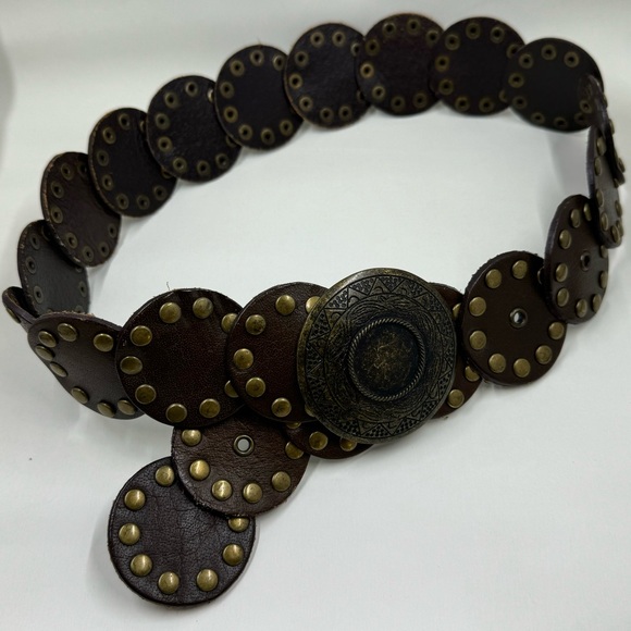 Vintage Boho Brown Genuine Leather Brass Studded Statement Belt Size Small main image 8